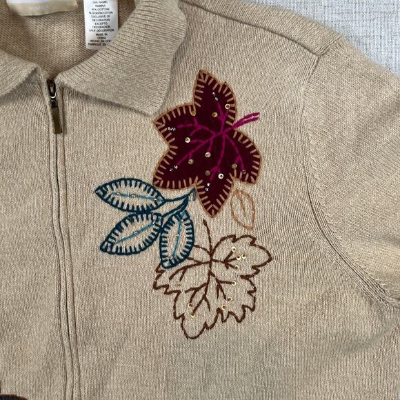 Alfred Dunner Full Zip Fall Cardigan Women's 1X Tan Cottagecore Leaves Beaded - Picture 6 of 7